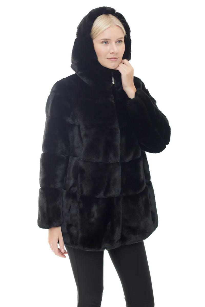 Plush Fur Coat with High Collar and Hood