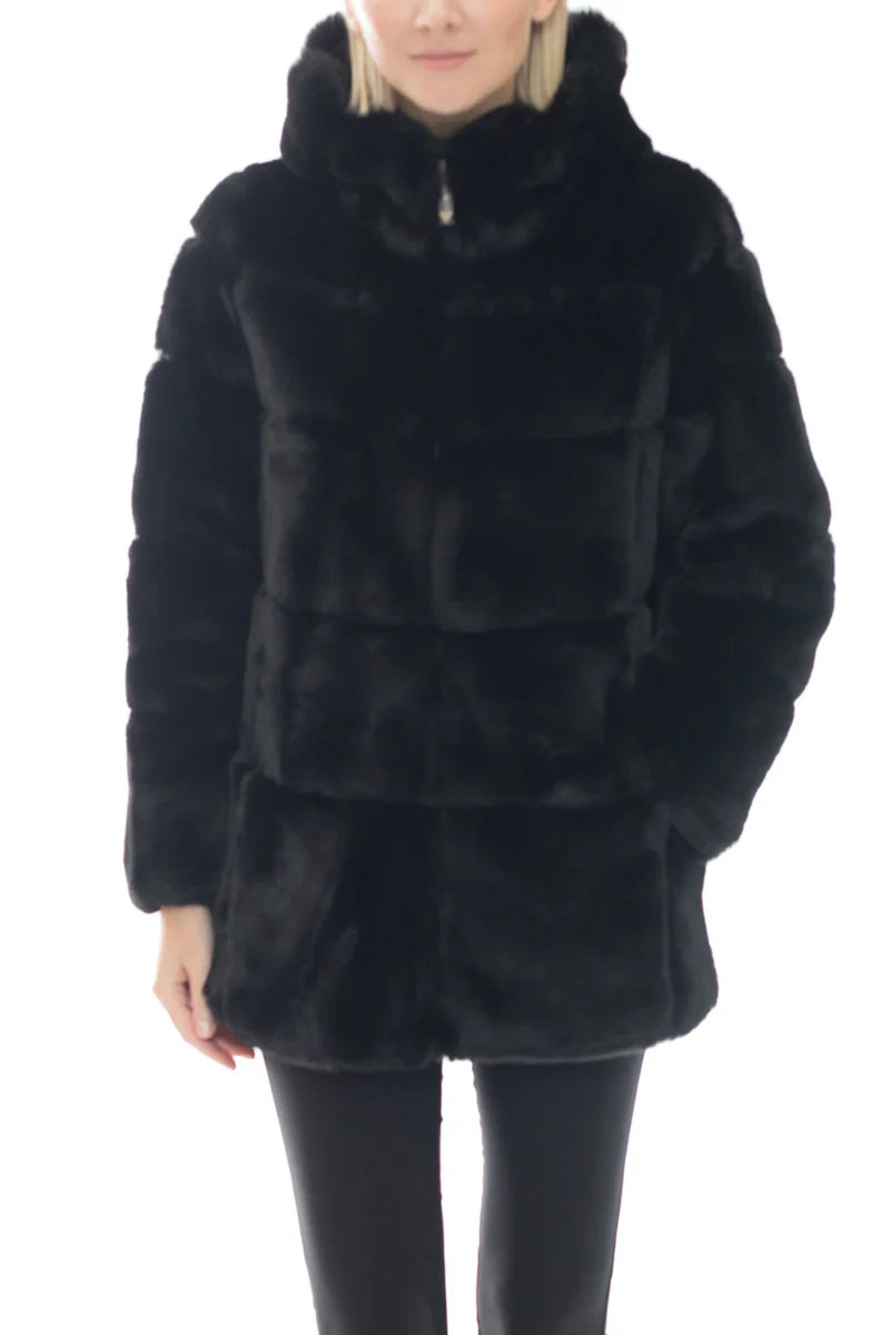 Plush Fur Coat with High Collar and Hood